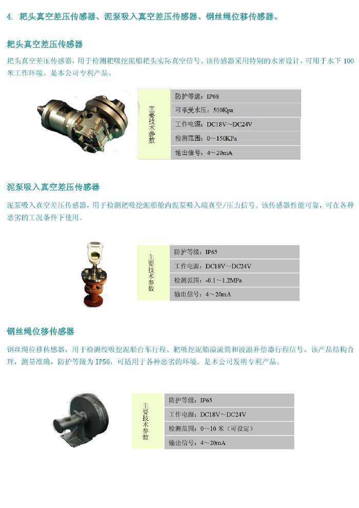 耙頭真空差壓傳感器、泥泵吸入真空差壓傳感器、鋼絲繩位移傳感器、